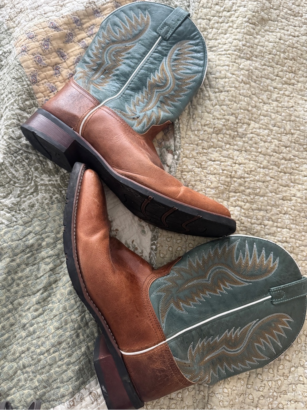 Men's Two-Tone genuine Leather Western Boots - Brown & Emerald; square toe